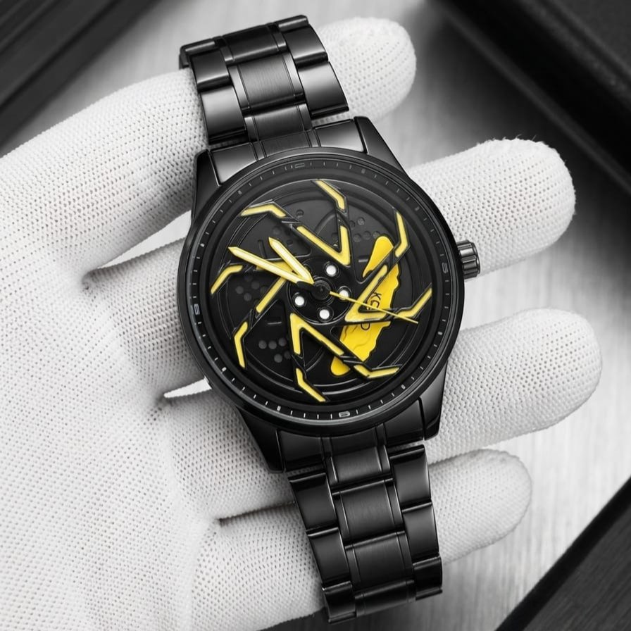 KECIO Luxury Blackout Automotive Rim Dial Men's Watch - Black Stainless Steel with Yellow Brake Caliper & Car Wheel Design + Gift Box